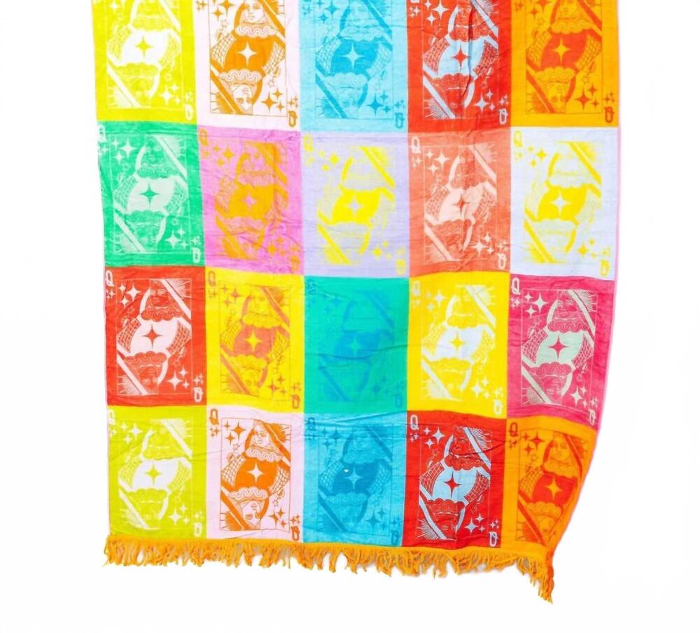 NEW QUEEN OF SPARKLES card logo fringe beach towel in multi